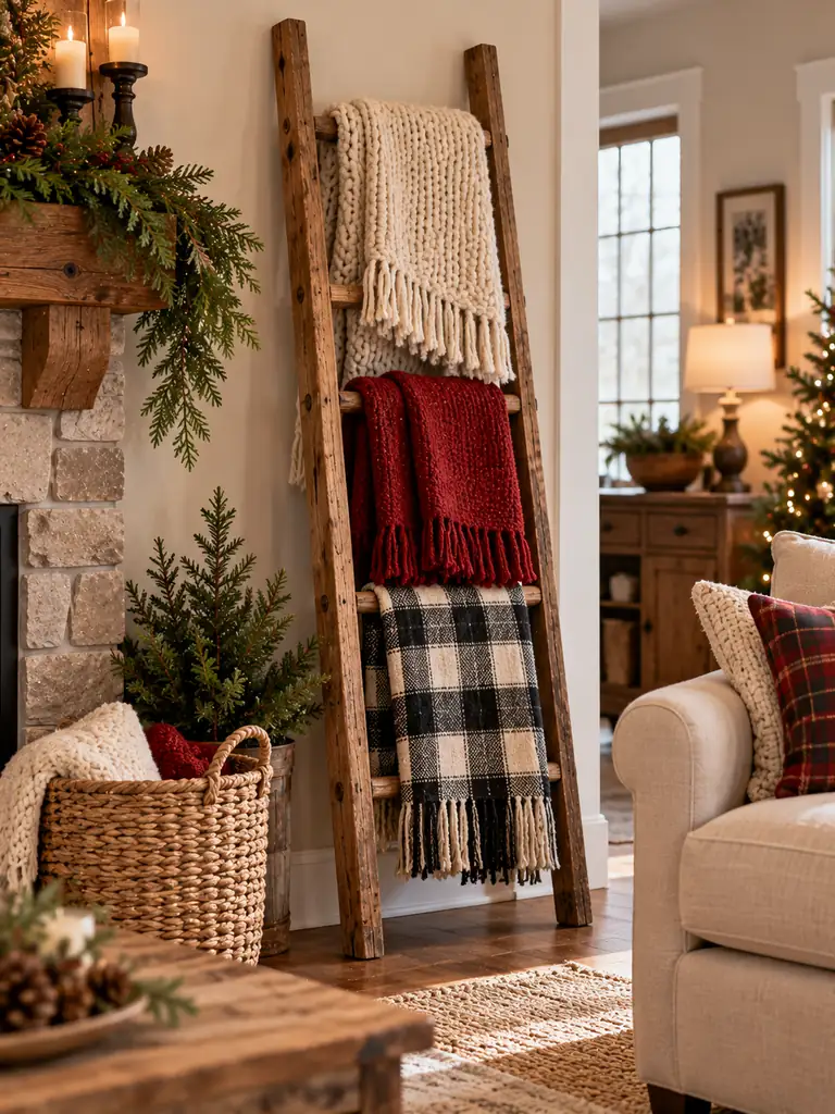 Rustic Ladder Blanket Display